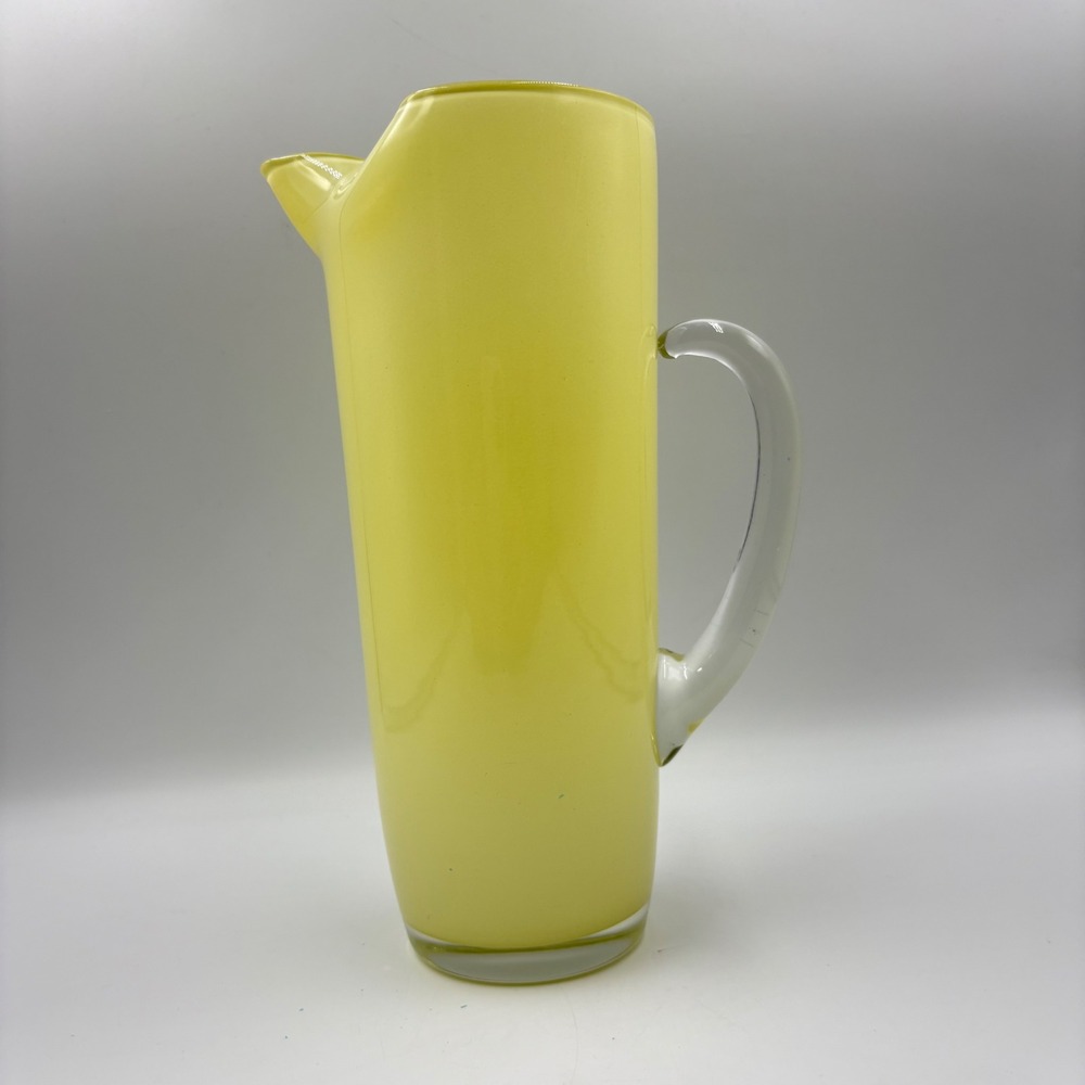 Viking Glass Yellow Cased Glass Pitcher MCM Tall Hand Blown Clear Handle 9.75"